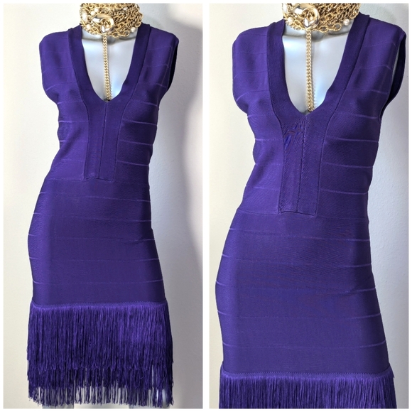 VENUS Bandage Layered Fringe Plunging Neck Sleeveless Cocktail Purple Dress - Picture 5 of 15